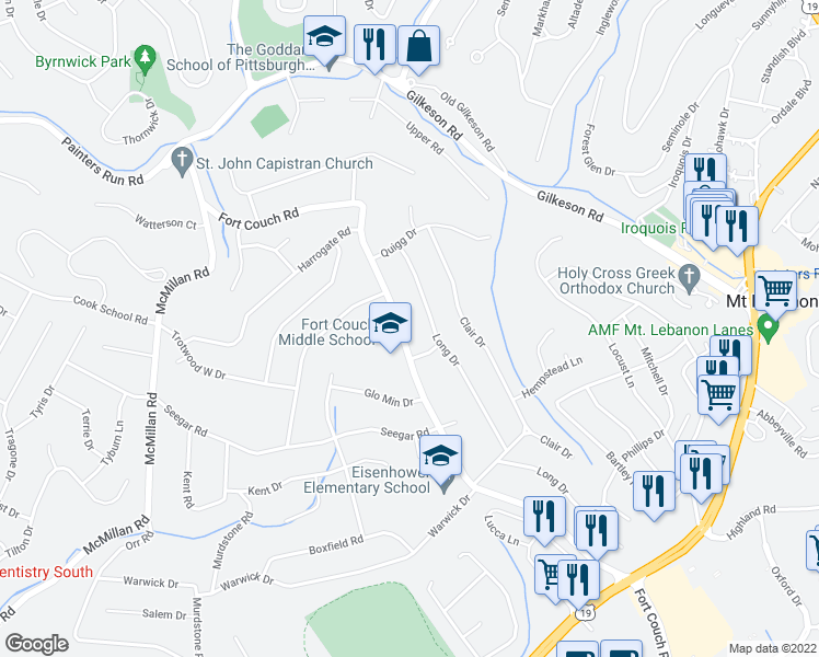 map of restaurants, bars, coffee shops, grocery stores, and more near 506 Fort Couch Road in Pittsburgh