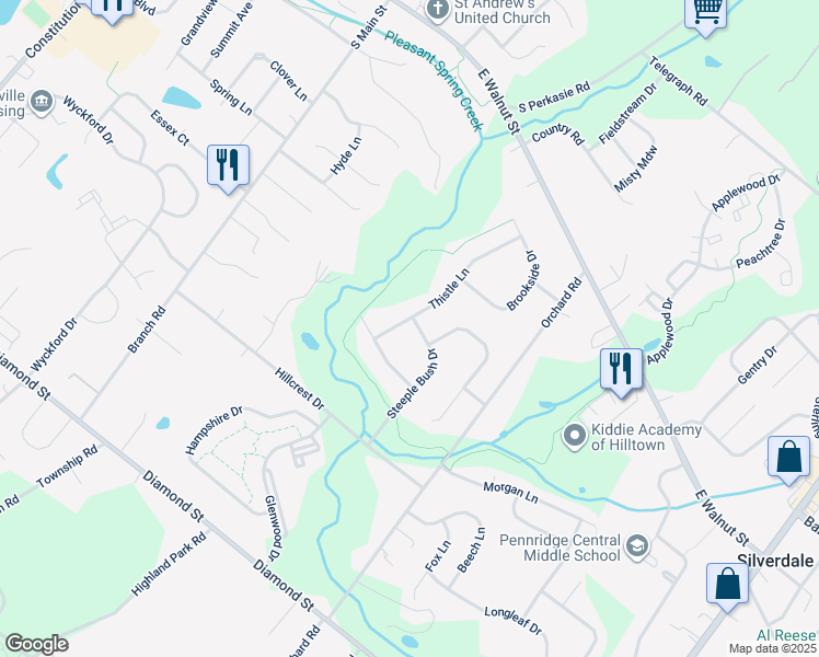 map of restaurants, bars, coffee shops, grocery stores, and more near 123 Steeple Bush Drive in Perkasie