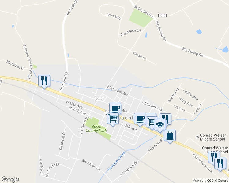 map of restaurants, bars, coffee shops, grocery stores, and more near 104 W Lincoln Ave in Robesonia