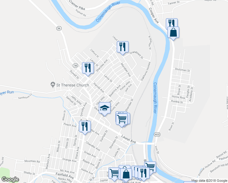 map of restaurants, bars, coffee shops, grocery stores, and more near 385 Beatrice Avenue in Johnstown