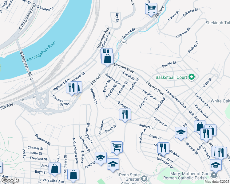 map of restaurants, bars, coffee shops, grocery stores, and more near 708 Summit Street in McKeesport