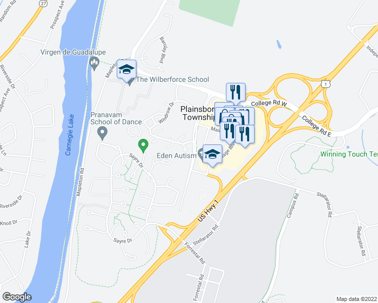 map of restaurants, bars, coffee shops, grocery stores, and more near 6 Azalea Court in Princeton