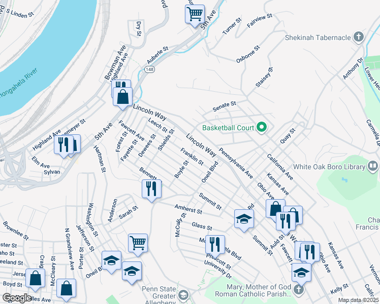 map of restaurants, bars, coffee shops, grocery stores, and more near 945 Franklin Street in McKeesport