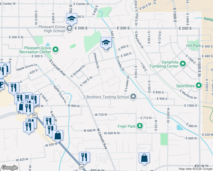 map of restaurants, bars, coffee shops, grocery stores, and more near 806 South 910 East in Pleasant Grove