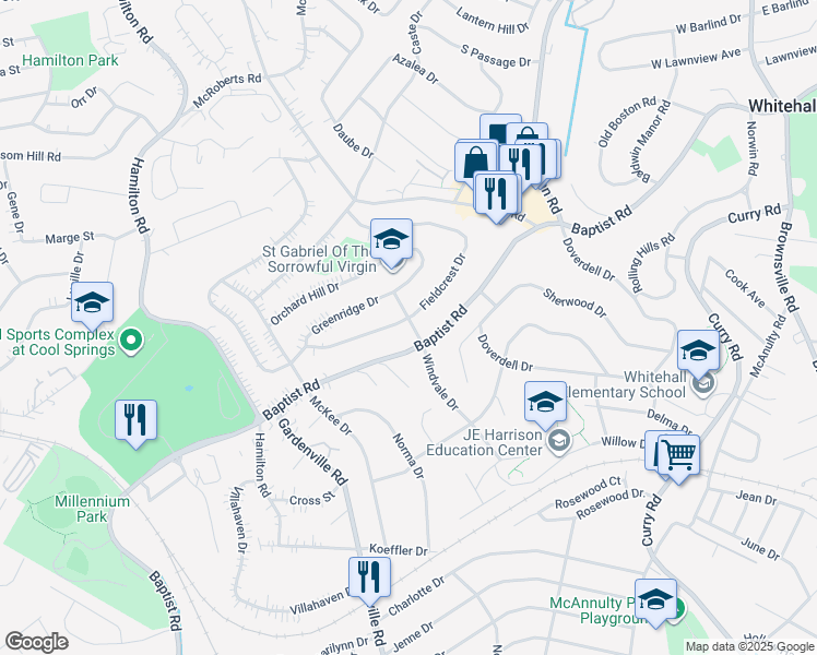 map of restaurants, bars, coffee shops, grocery stores, and more near 5301 Fieldcrest Drive in Pittsburgh