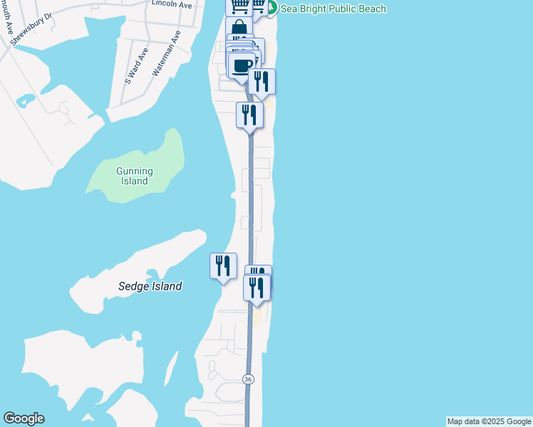 map of restaurants, bars, coffee shops, grocery stores, and more near 15 Tradewinds Lane in Sea Bright