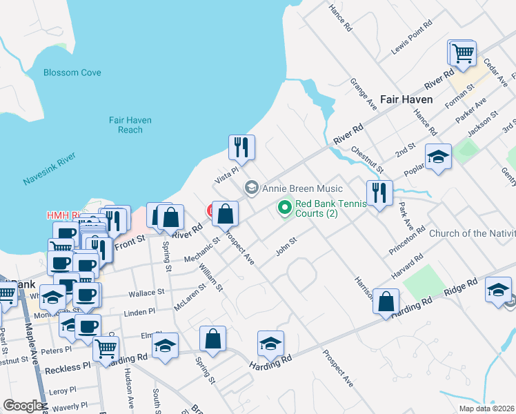 map of restaurants, bars, coffee shops, grocery stores, and more near 255 Mechanic Street in Red Bank