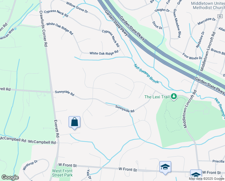 map of restaurants, bars, coffee shops, grocery stores, and more near 32 Waterford Way in Middletown Township