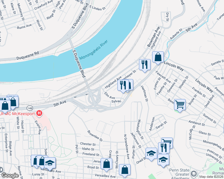 map of restaurants, bars, coffee shops, grocery stores, and more near 2127 Oriole Street in McKeesport