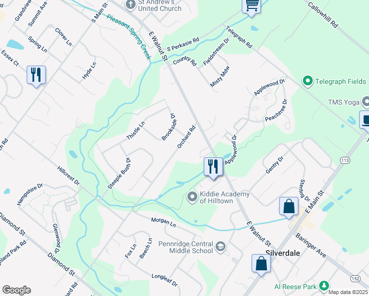 map of restaurants, bars, coffee shops, grocery stores, and more near 111 Orchard Road in Perkasie