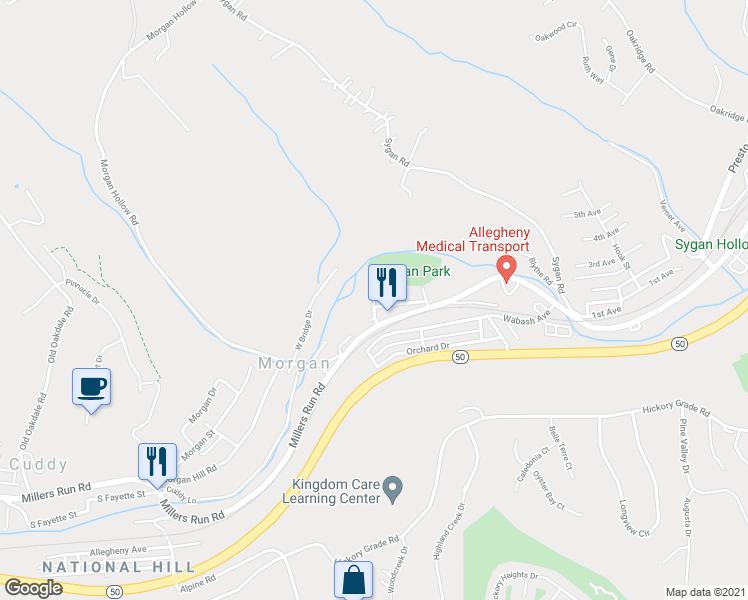 map of restaurants, bars, coffee shops, grocery stores, and more near 300 Grant Street in Morgan