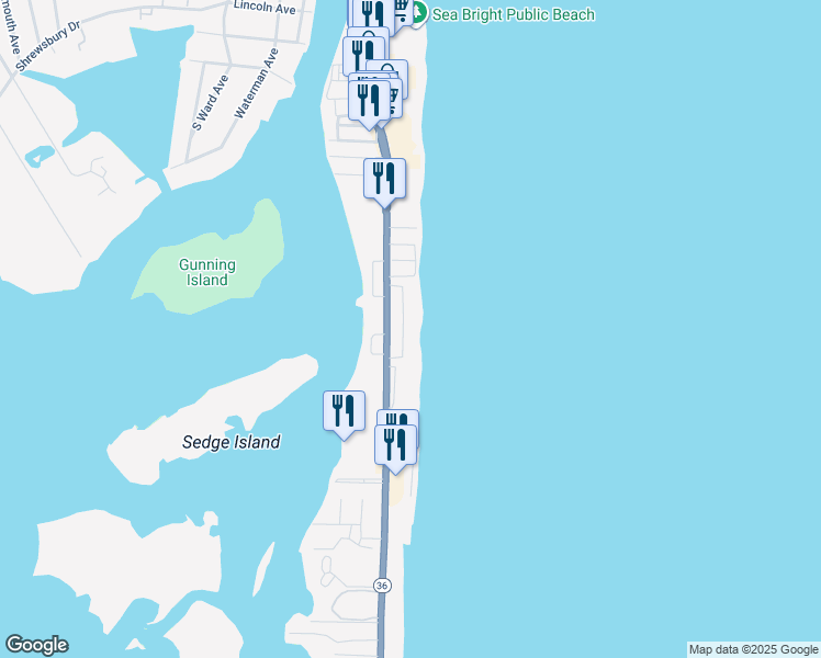 map of restaurants, bars, coffee shops, grocery stores, and more near 15 Tradewinds Lane in Sea Bright