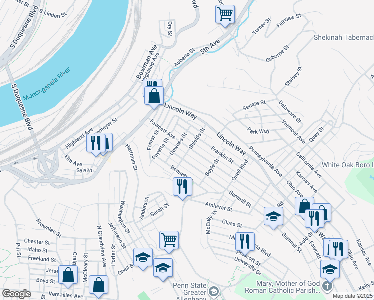map of restaurants, bars, coffee shops, grocery stores, and more near 818 Fawcett Avenue in McKeesport
