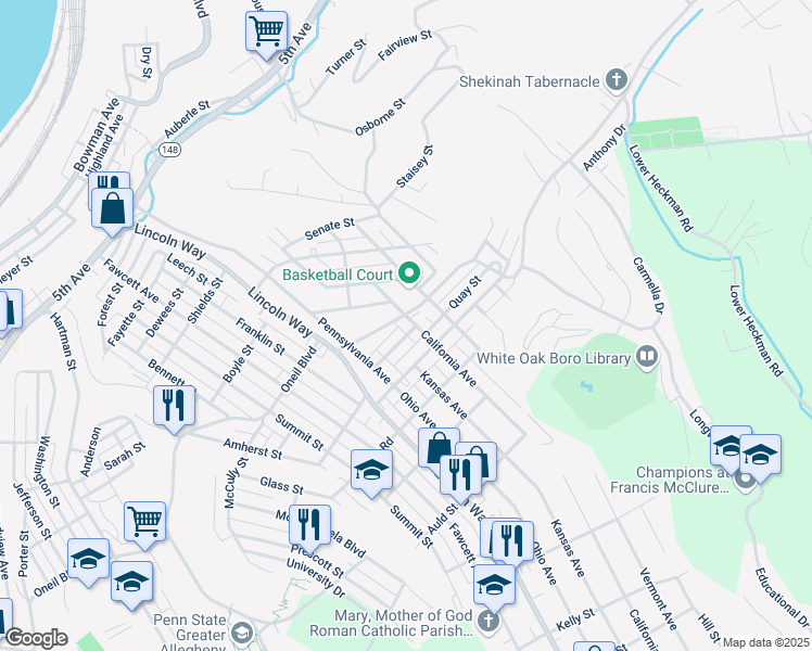map of restaurants, bars, coffee shops, grocery stores, and more near 1130 California Avenue in White Oak