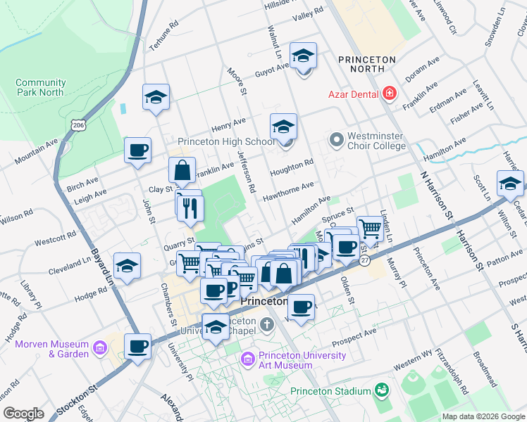 map of restaurants, bars, coffee shops, grocery stores, and more near 92 Moore Street in Princeton