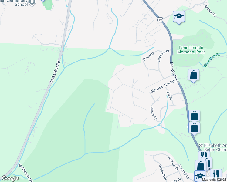 map of restaurants, bars, coffee shops, grocery stores, and more near 1150 Old Jacks Run Road in White Oak