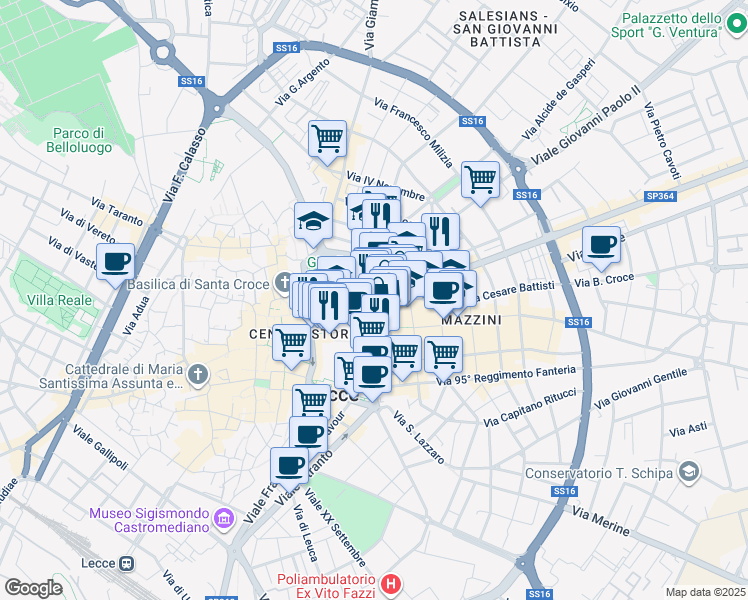 map of restaurants, bars, coffee shops, grocery stores, and more near 21 Via Liborio Romano in Lecce