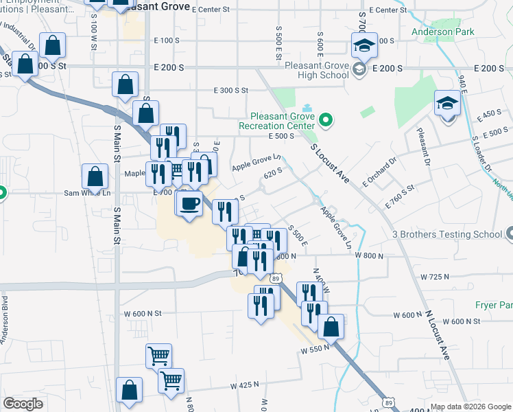 map of restaurants, bars, coffee shops, grocery stores, and more near 461 East 705 South in Pleasant Grove