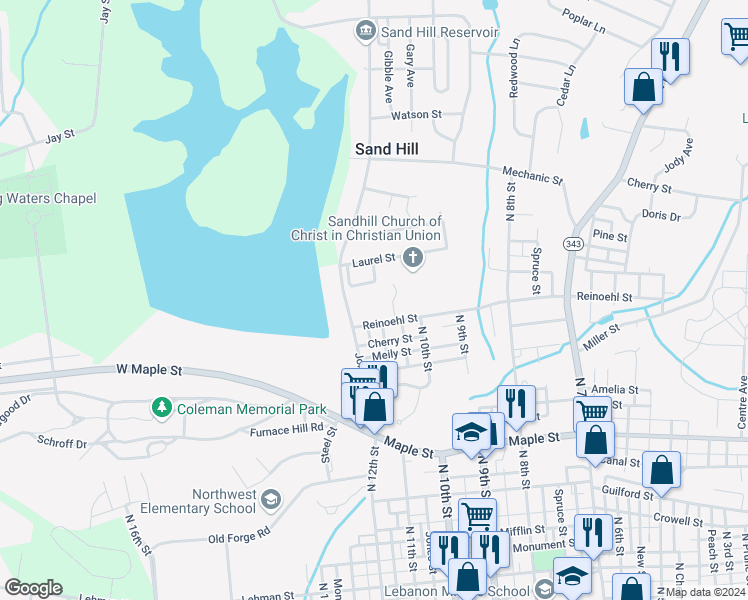 map of restaurants, bars, coffee shops, grocery stores, and more near 1150 Jonestown Road in Lebanon