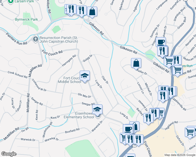 map of restaurants, bars, coffee shops, grocery stores, and more near 502 Long Drive in Pittsburgh