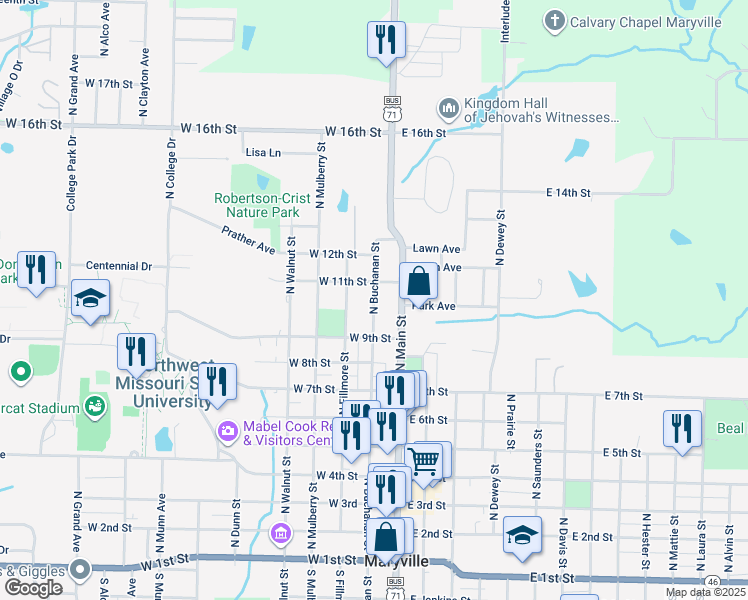 map of restaurants, bars, coffee shops, grocery stores, and more near 1001 North Buchanan Street in Maryville