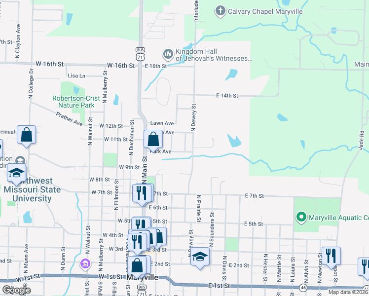 map of restaurants, bars, coffee shops, grocery stores, and more near 322 Park Avenue in Maryville