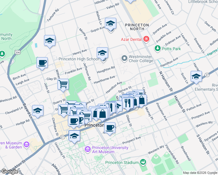 map of restaurants, bars, coffee shops, grocery stores, and more near 8 Hamilton Avenue in Princeton