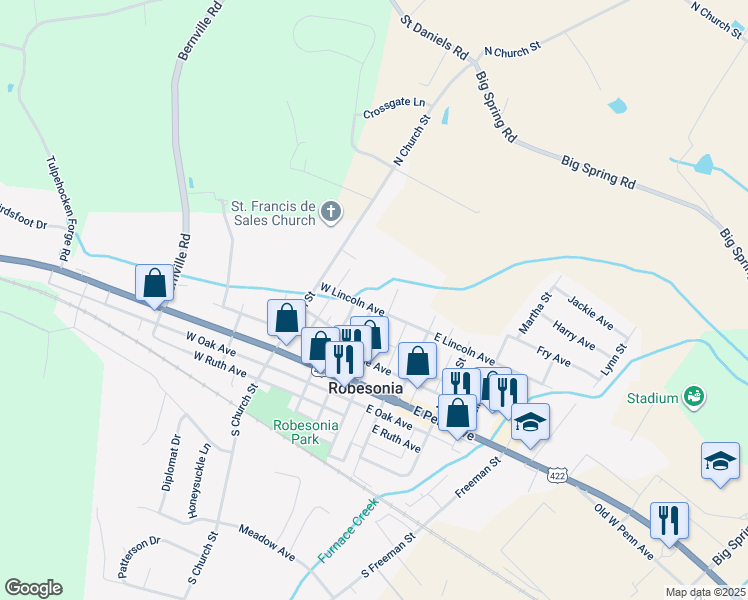map of restaurants, bars, coffee shops, grocery stores, and more near 9 W Lincoln Ave in Robesonia