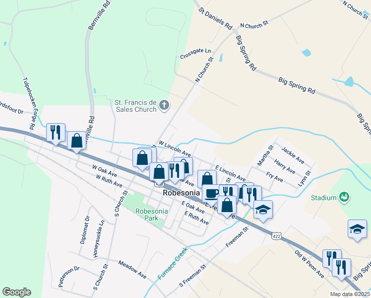 map of restaurants, bars, coffee shops, grocery stores, and more near 9 W Lincoln Ave in Robesonia