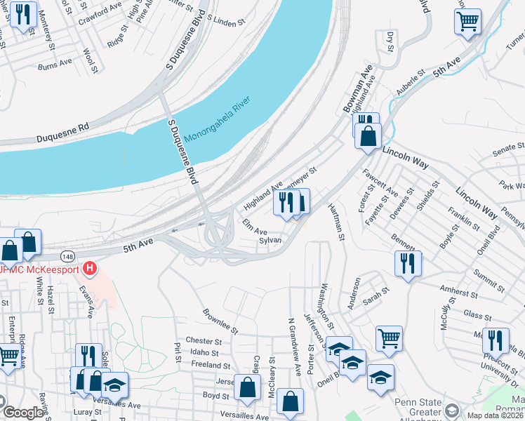 map of restaurants, bars, coffee shops, grocery stores, and more near 2127 Oriole Street in McKeesport