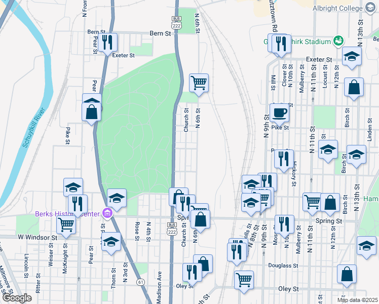 map of restaurants, bars, coffee shops, grocery stores, and more near 542 Perry Street in Reading