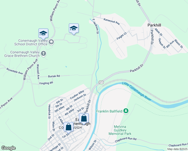 map of restaurants, bars, coffee shops, grocery stores, and more near 222 Jackson Street in Johnstown