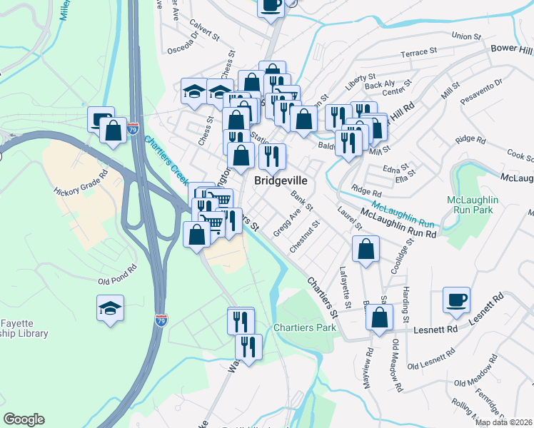 map of restaurants, bars, coffee shops, grocery stores, and more near 649 Orchard Street in Bridgeville