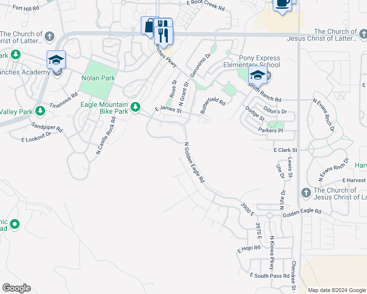 map of restaurants, bars, coffee shops, grocery stores, and more near 3634 Jacob's Way in Eagle Mountain