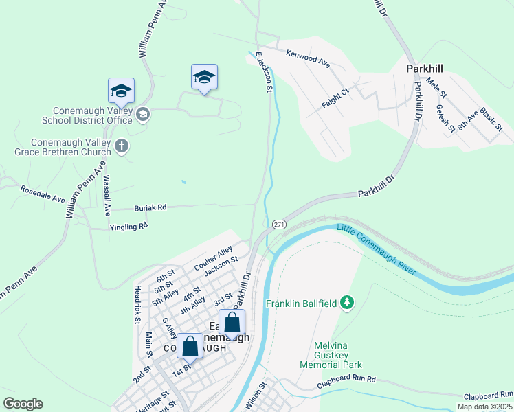 map of restaurants, bars, coffee shops, grocery stores, and more near 222 Jackson Street in Johnstown