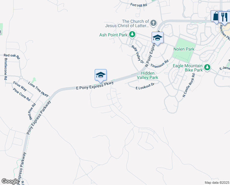map of restaurants, bars, coffee shops, grocery stores, and more near 2738 East Iron Bark Alley in Eagle Mountain