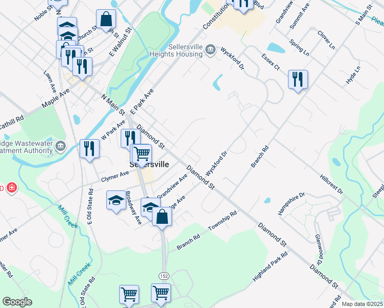 map of restaurants, bars, coffee shops, grocery stores, and more near 308 Hughes Avenue in Sellersville