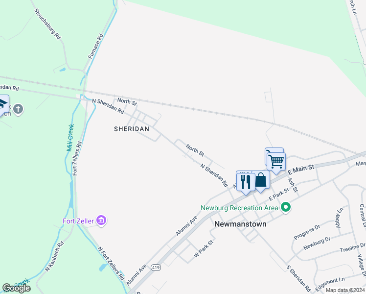 map of restaurants, bars, coffee shops, grocery stores, and more near 62 North Sheridan Road in Newmanstown