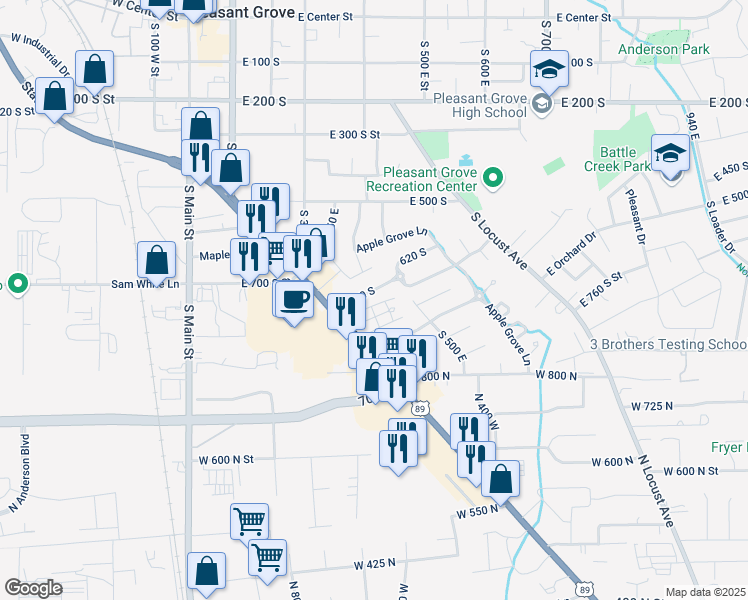 map of restaurants, bars, coffee shops, grocery stores, and more near 438 East 790 South in Pleasant Grove