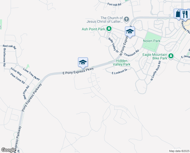 map of restaurants, bars, coffee shops, grocery stores, and more near 2734 East Iron Bark Alley in Eagle Mountain