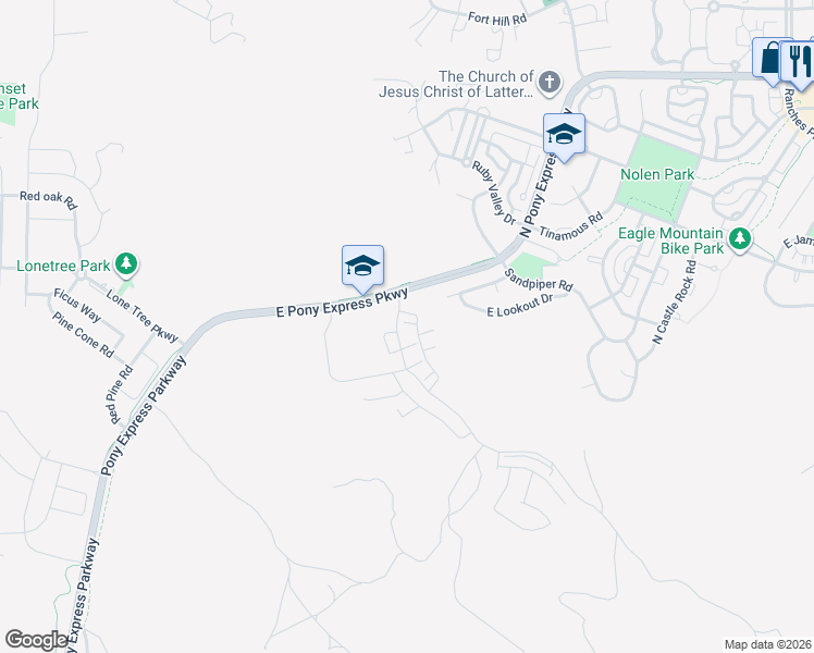 map of restaurants, bars, coffee shops, grocery stores, and more near 2734 East Iron Bark Alley in Eagle Mountain