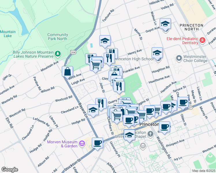 map of restaurants, bars, coffee shops, grocery stores, and more near 201 John Street in Princeton