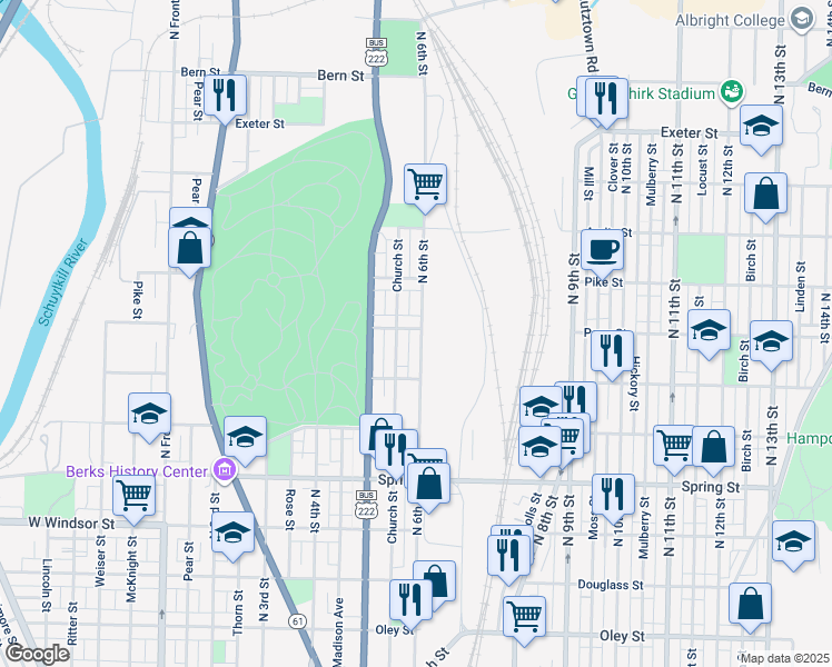 map of restaurants, bars, coffee shops, grocery stores, and more near 1240 North 6th Street in Reading