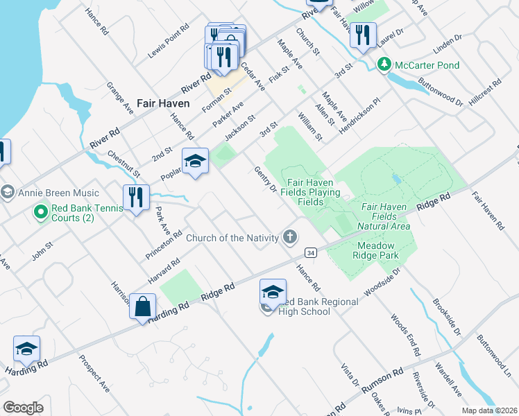 map of restaurants, bars, coffee shops, grocery stores, and more near 281 Hance Rd in Fair Haven