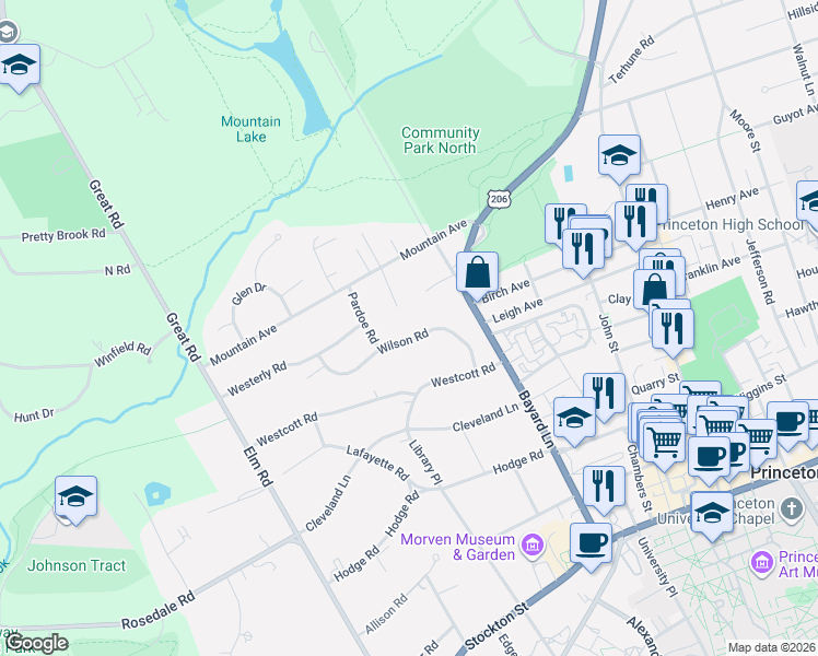 map of restaurants, bars, coffee shops, grocery stores, and more near 64 Wilson Road in Princeton
