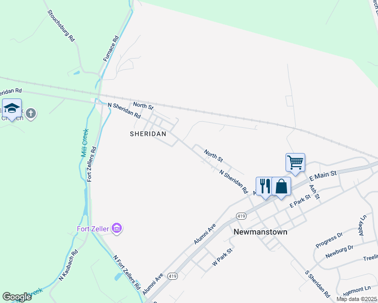 map of restaurants, bars, coffee shops, grocery stores, and more near 79 N Sheridan Rd in Newmanstown