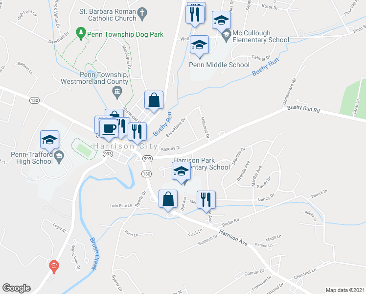 map of restaurants, bars, coffee shops, grocery stores, and more near 21 Saxony Drive in Harrison City