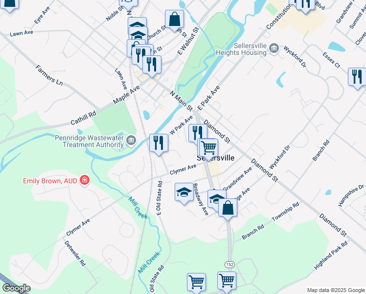 map of restaurants, bars, coffee shops, grocery stores, and more near 84 West Pine Street in Sellersville