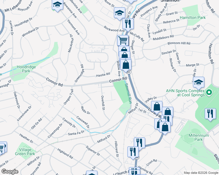 map of restaurants, bars, coffee shops, grocery stores, and more near 1052 Franklin Drive in Bethel Park