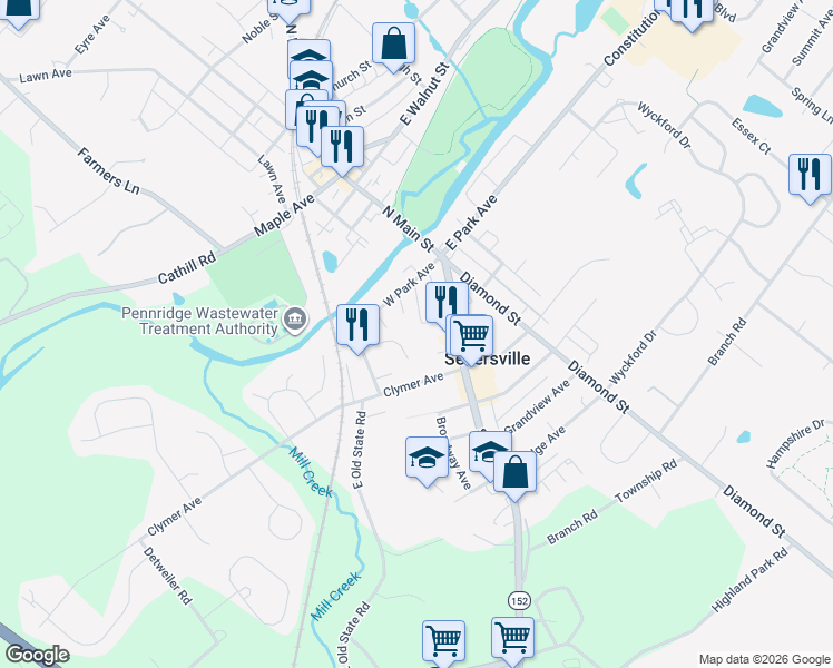 map of restaurants, bars, coffee shops, grocery stores, and more near 80 West Pine Street in Sellersville